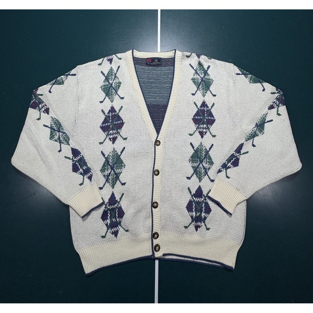 Vintage Isle of Cotton Golf‎ Argyle Cardigan Sweater Men's XL Cotton AOP USA 90s